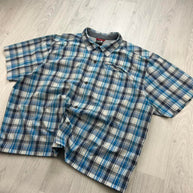 VINTAGE 00s THE NORTH FACE CHECKERED CROPPED SHORT SLEEVE BUTTON UP SHIRT BLUE
