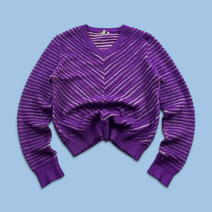 VINTAGE Y2K CROP STRIPED KNITTED JUMPER PURPLE