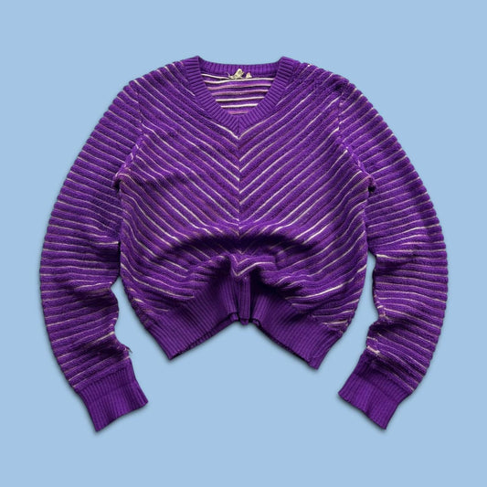 VINTAGE Y2K CROP STRIPED KNITTED JUMPER PURPLE