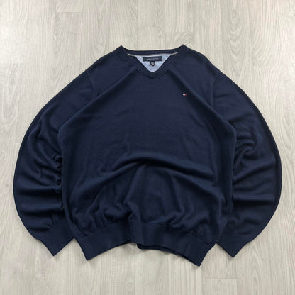 VINTAGE Y2K TOMMY HILFIGER V NECK KNITTED JUMPER NAVY (XL)