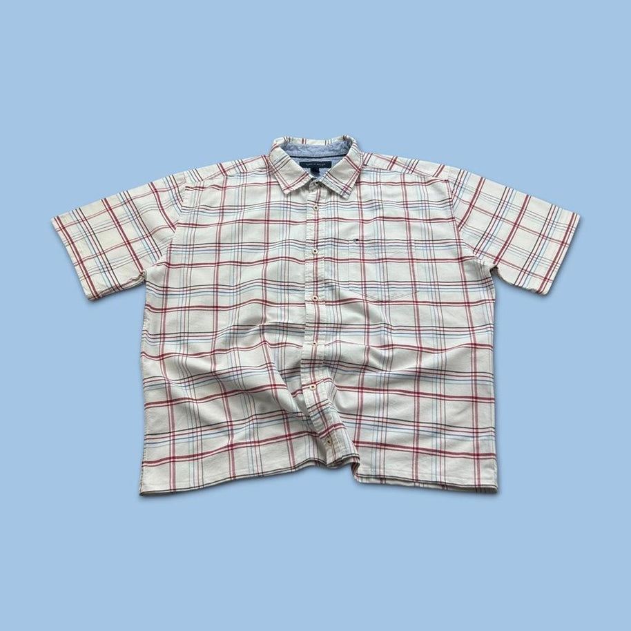 VINTAGE 00s TOMMY HILFIGER CHECKERED CROPPED SHORT SLEEVE BUTTON UP SHIRT WHITE / RED