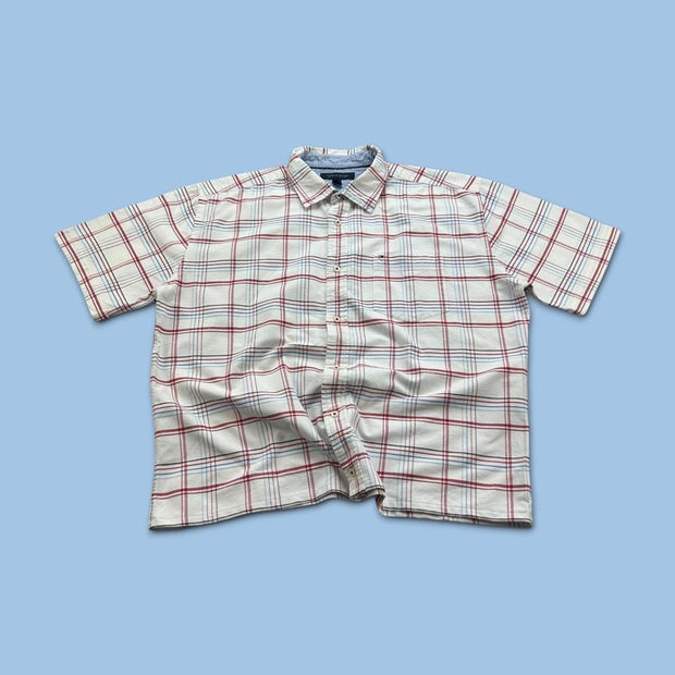 VINTAGE 00s TOMMY HILFIGER CHECKERED CROPPED SHORT SLEEVE BUTTON UP SHIRT WHITE / RED