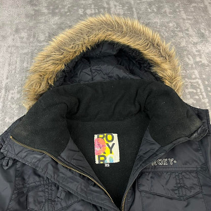 VINTAGE 00s ROXY FUR HOOD UTILITY BOMBER JACKET BLACK