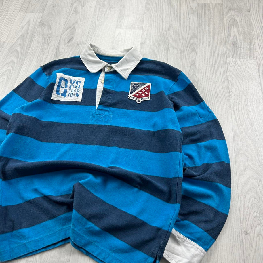 VINTAGE Y2K QUIKSILVER STRIPED LONG SLEEVE RUGBY POLO SHIRT BLUE