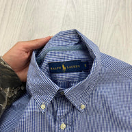 VINTAGE 00s RALPH LAUREN GINGHAM SHORT SLEEVE BUTTON UP SHIRT BLUE