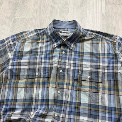 VINTAGE Y2K BARBOUR CHECKERED SHORT SLEEVE SHIRT NAVY BLUE