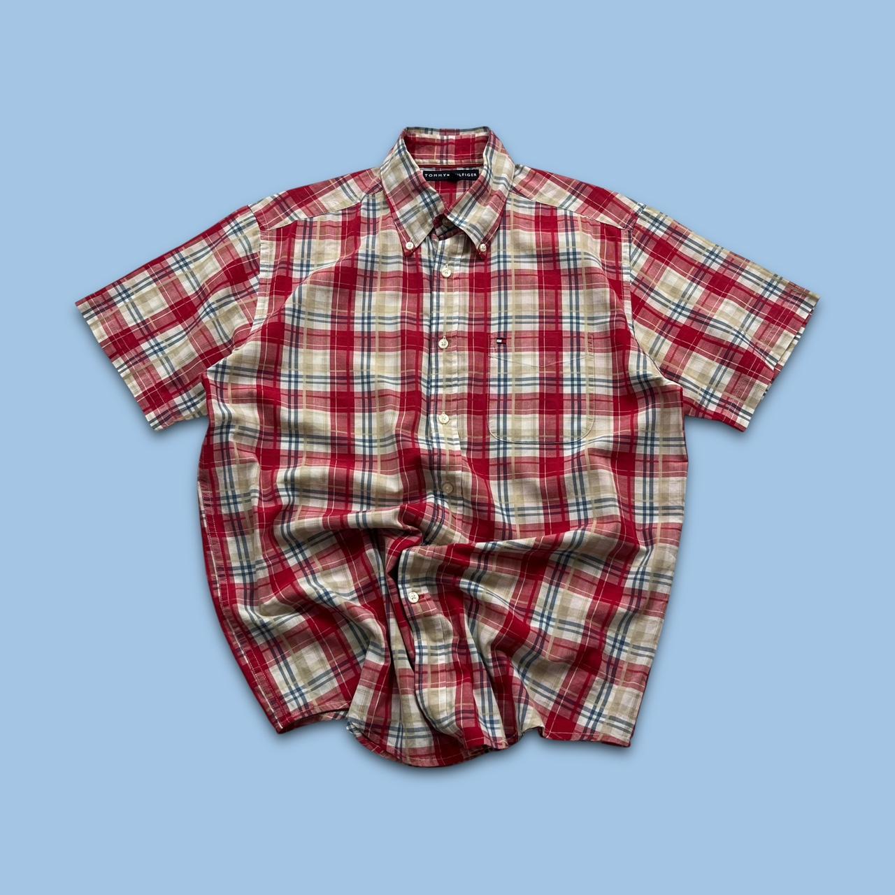 VINTAGE Y2K TOMMY HILFIGER PLAID SHORT SLEEVE BUTTON UP SHIRT RED