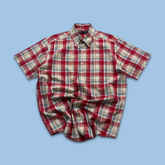 VINTAGE Y2K TOMMY HILFIGER PLAID SHORT SLEEVE BUTTON UP SHIRT RED