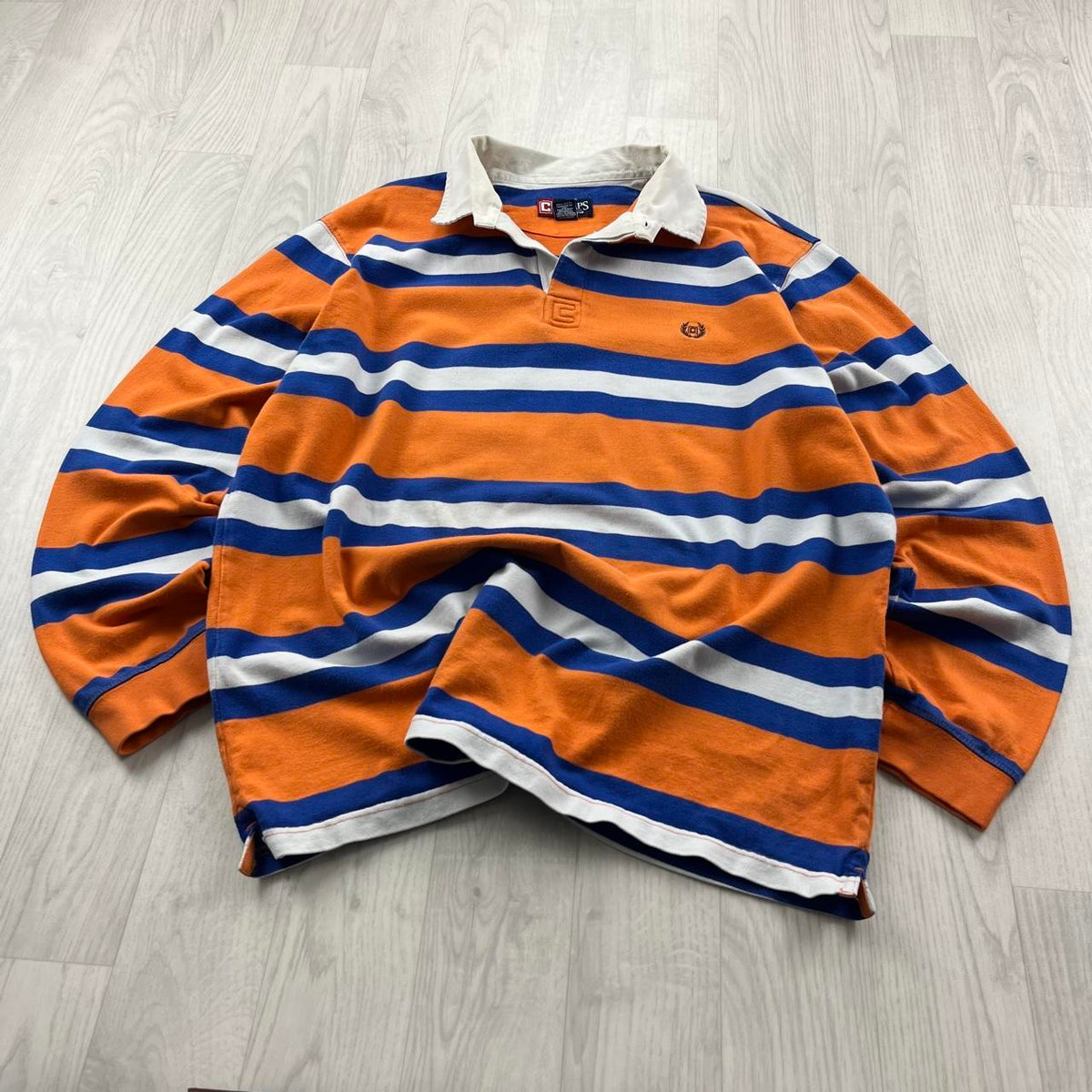 VINTAGE Y2K CHAPS STRIPED LONG SLEEVE RUGBY POLO SHIRT ORANGE