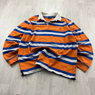 VINTAGE Y2K CHAPS STRIPED LONG SLEEVE RUGBY POLO SHIRT ORANGE