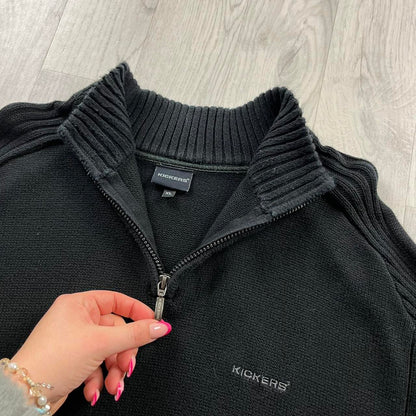 VINTAGE Y2K KICKERS CHUNKY QUARTER ZIP RIBBED KNITTED JUMPER BLACK