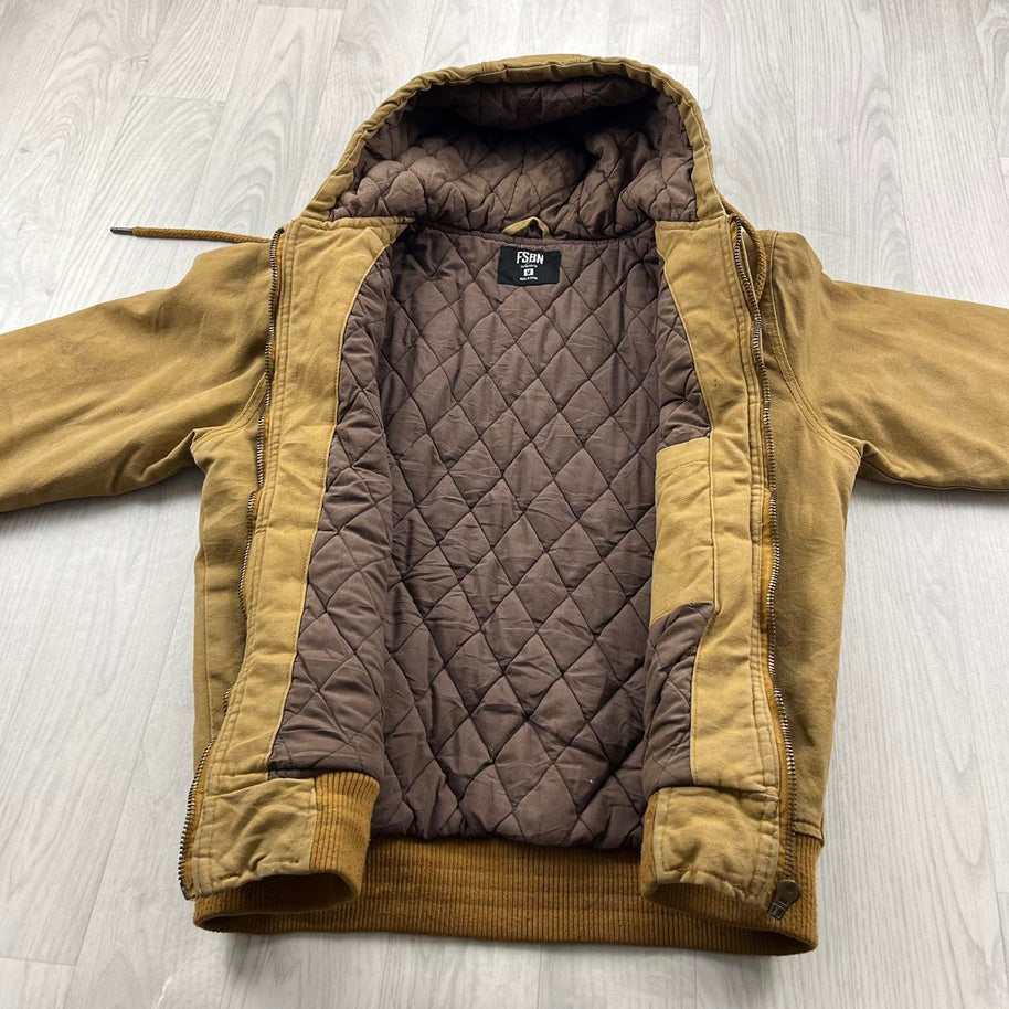 VINTAGE Y2K FISHBONE HOODED WORKWEAR BOMBER JACKET BEIGE