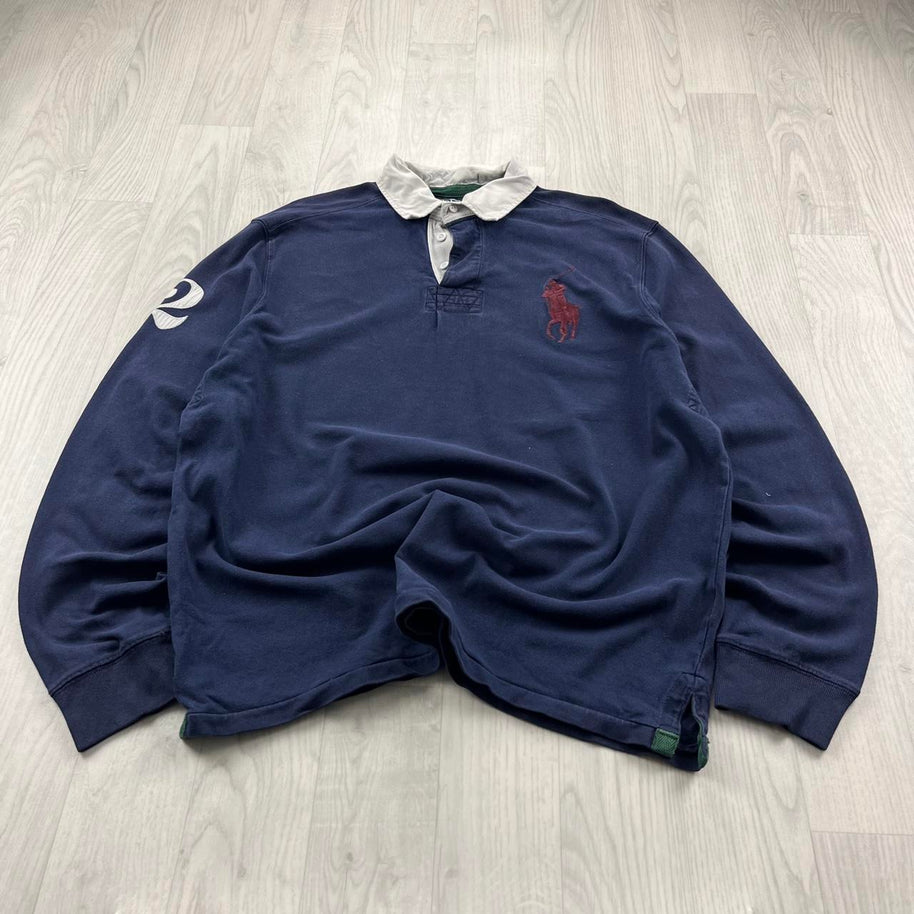 VINTAGE Y2K RALPH LAUREN PLAIN LONG SLEEVE RUGBY POLO SHIRT NAVY