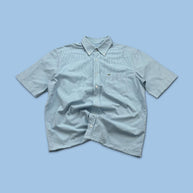 VINTAGE 00s LACOSTE GINGHAM CROPPED SHORT SLEEVE BUTTON UP SHIRT LIGHT BLUE