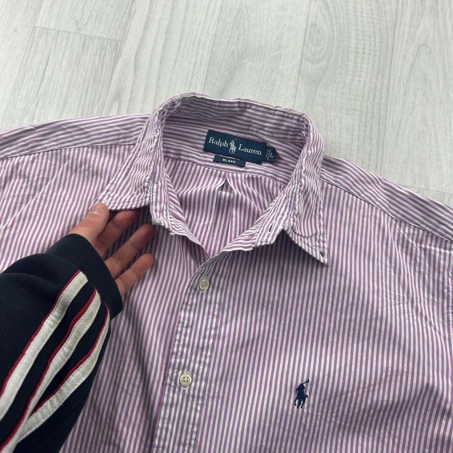 VINTAGE 00s RALPH LAUREN STRIPED CROPPED SHORT SLEEVE BUTTON UP SHIRT PURPLE