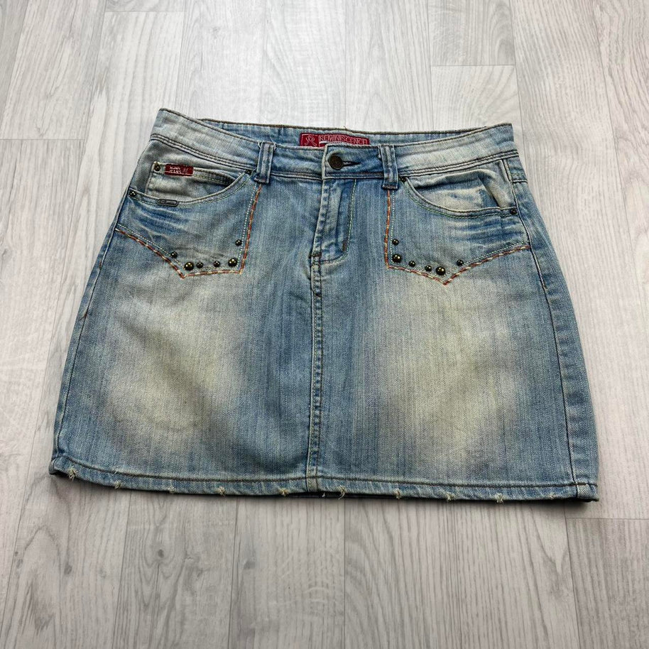 VINTAGE Y2K REMINISCENCE DENIM EMBROIDERED MINI SKIRT BLUE