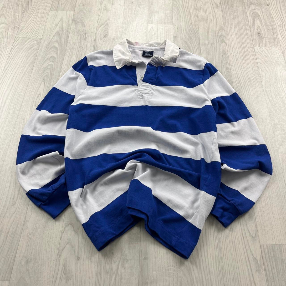 VINTAGE Y2K STRIPED LONG SLEEVE RUGBY POLO SHIRT WHITE / BLUE