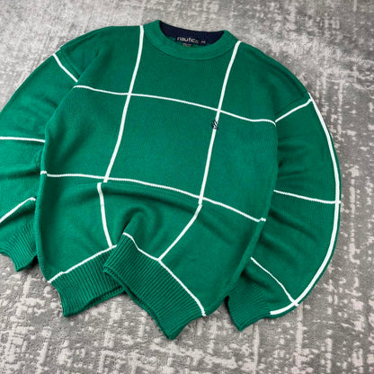 VINTAGE Y2K NAUTICA CHECKERED KNITTED JUMPER GREEN