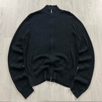 VINTAGE Y2K TOMMY HILFIGER CABLE ZIP KNITTED JUMPER NAVY