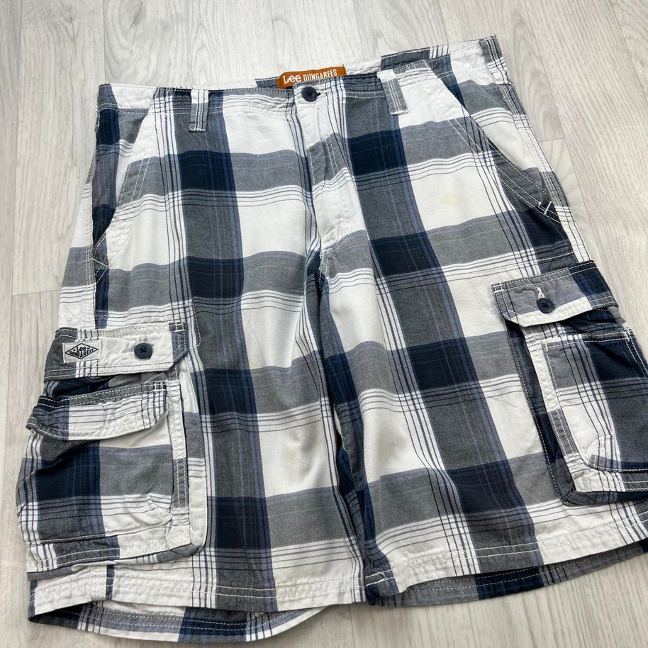 VINTAGE Y2K LEE BAGGY CHECKERED PLAID CARGO SHORTS WHITE / NAVY