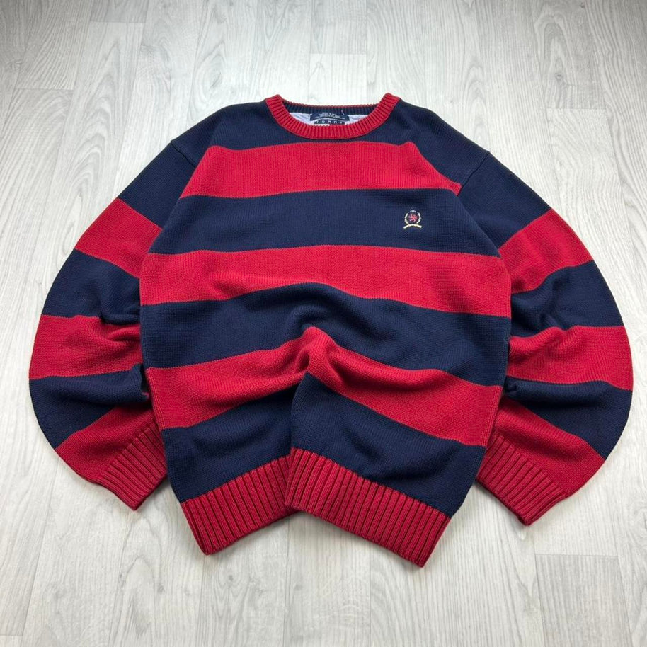 VINTAGE Y2K TOMMY HILFIGER STRIPED CHUNKY KNIT JUMPER NAVY / RED