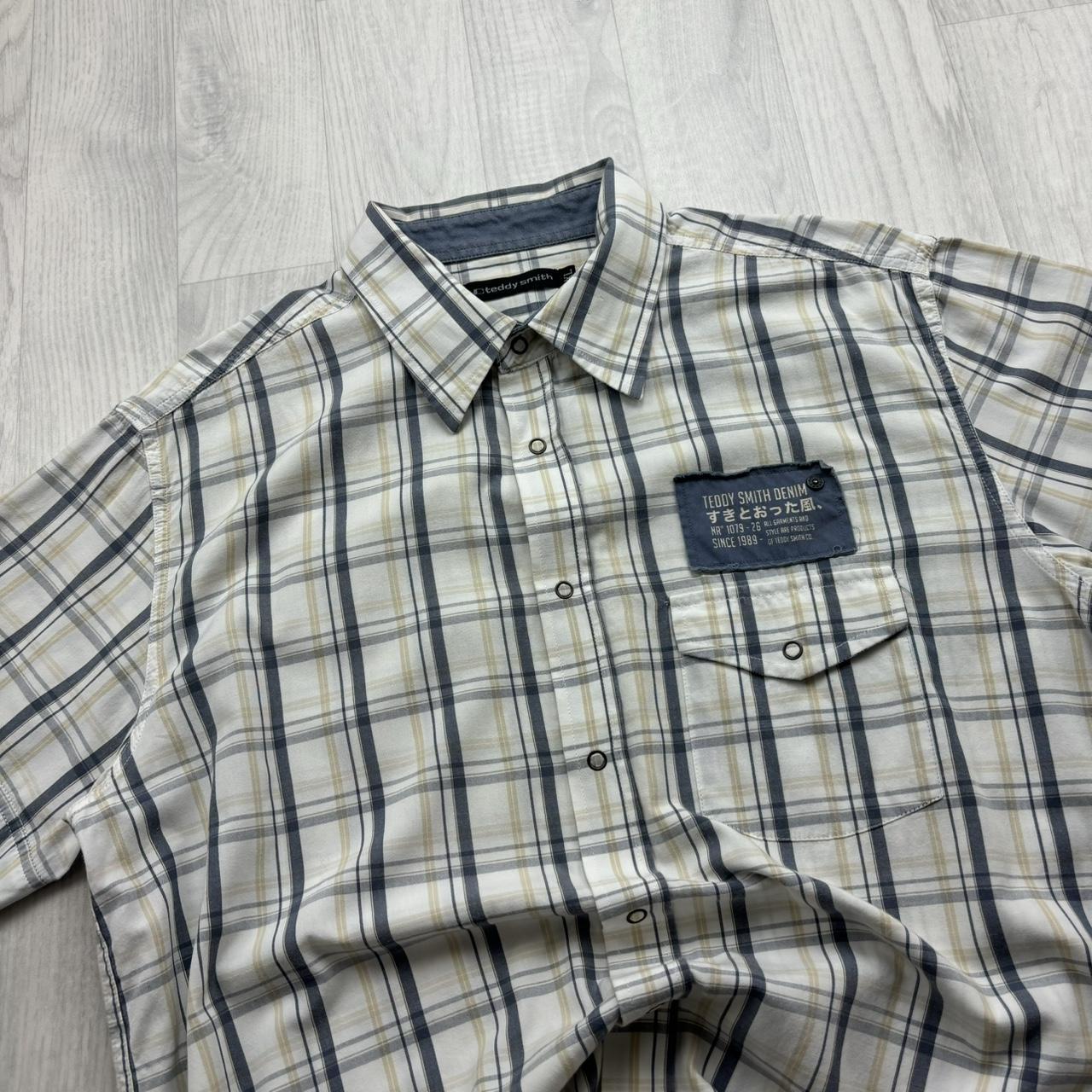 VINTAGE Y2K TEDDY SMITH PLAID SHORT SLEEVE SHIRT WHITE / NAVY
