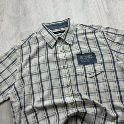 VINTAGE Y2K TEDDY SMITH PLAID SHORT SLEEVE SHIRT WHITE / NAVY