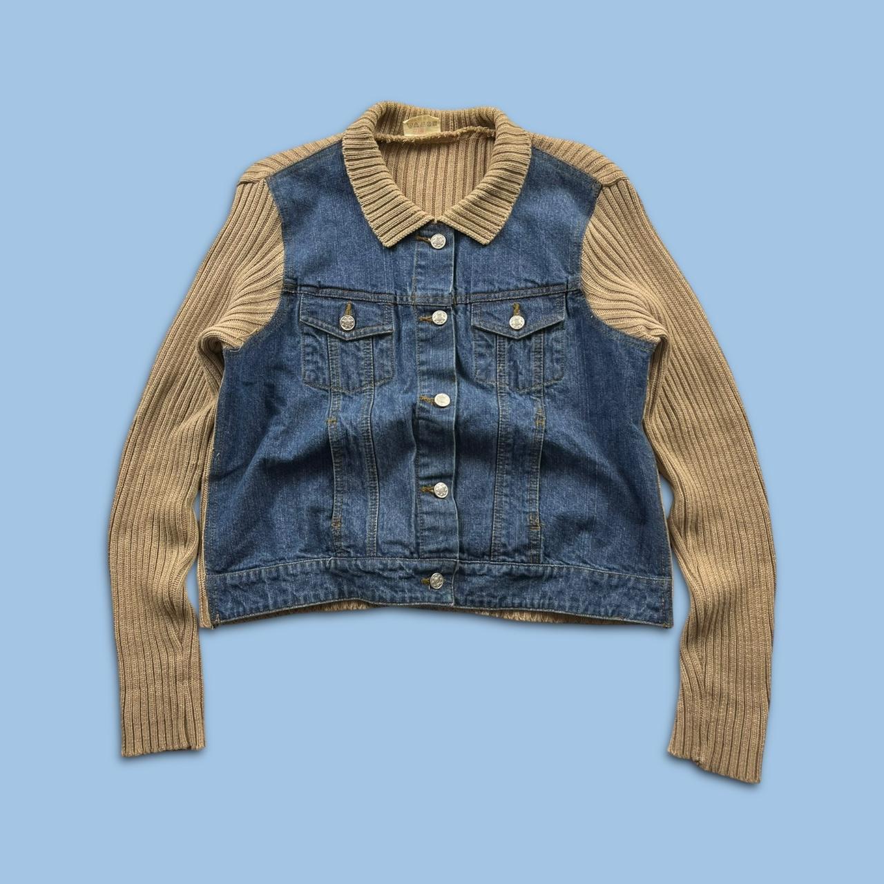 VINTAGE Y2K DENIM RIBBED SLEEVE JACKET BLUE BEIGE (L)