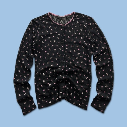 VINTAGE Y2K MESH FLORAL BUTTON CARDIGAN BLACK PINK