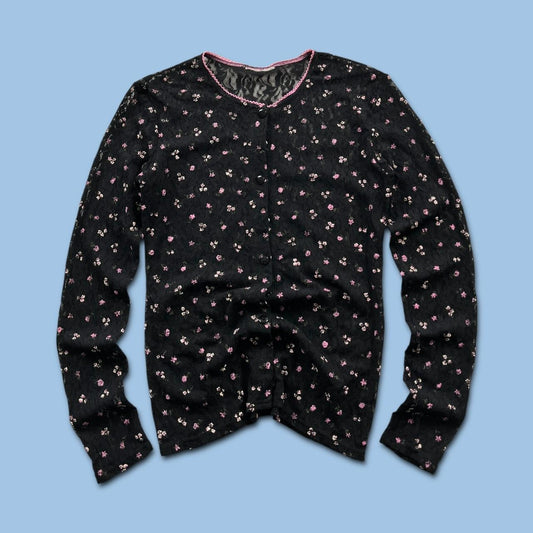VINTAGE Y2K MESH FLORAL BUTTON CARDIGAN BLACK PINK