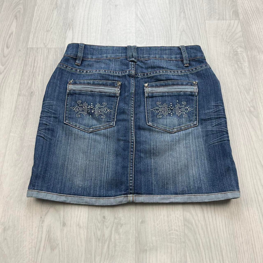 VINTAGE Y2K CACHE DIAMANTE DENIM LOW RISE MINI SKIRT BLUE