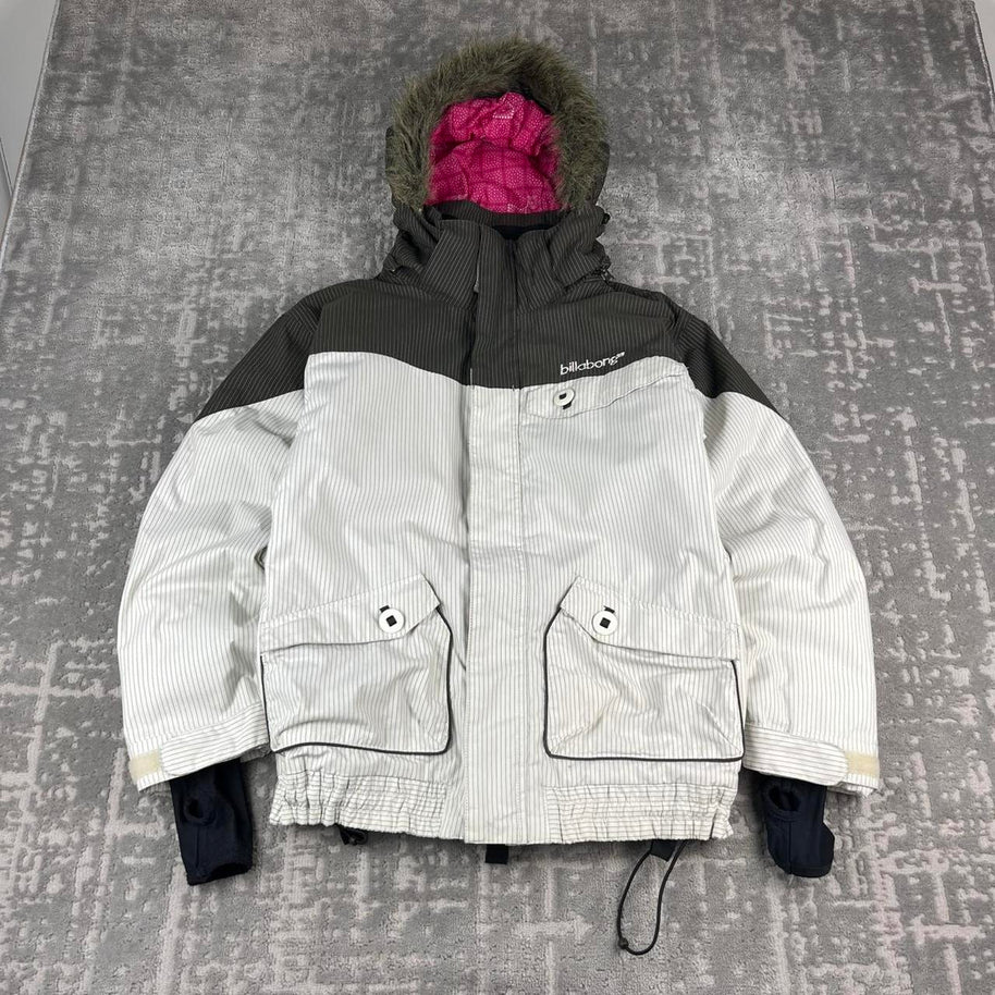 VINTAGE Y2K BILLABONG PIN STRIPE FUR HOOD KI JACKET BROWN / WHITE