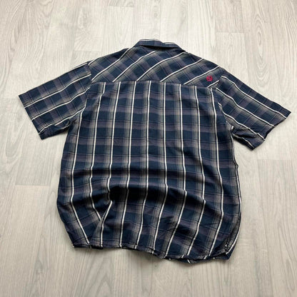 VINTAGE Y2K ANIMAL PLAID BUTTON UP SHORT SLEEVE SHIRT NAVY