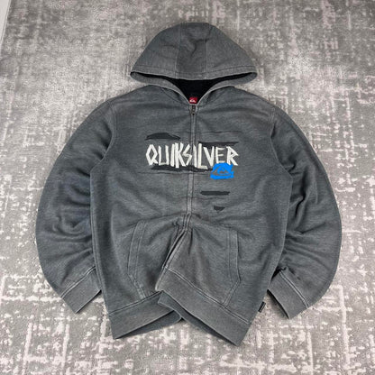 VINTAGE Y2K QUIKSILVER GRAPHIC FLEECE LINED ZIP UP HOODIE GREY