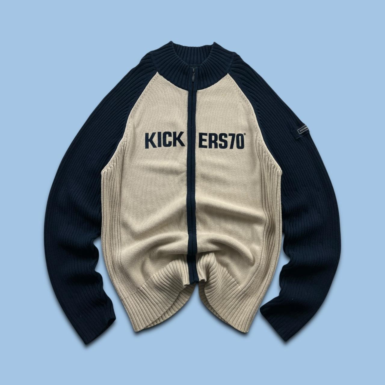 VINTAGE Y2K KICKERS CHUNKY RIBBED SPELL OUT ZIP KNITTED JUMPER CREAM NAVY
