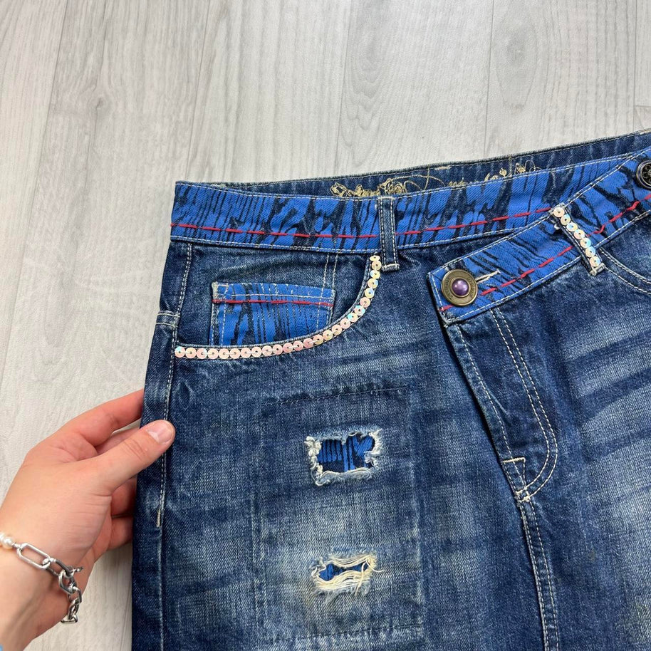 VINTAGE Y2K DESIGUAL DENIM ASYMMETRIC MINI SKIRT BLUE