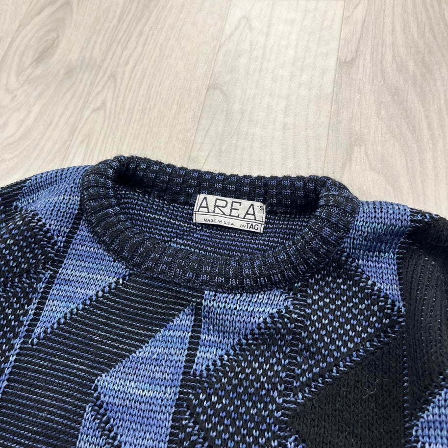 VINTAGE 90s PATTERN KNITTED JUMPER BLACK / BLUE