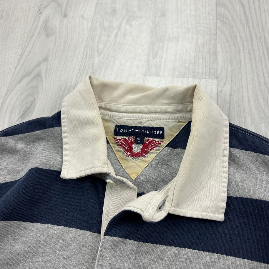 VINTAGE Y2K TOMMY HILFIGER STRIPED LONG SLEEVE RUGBY POLO SHIRT GREY / NAVY