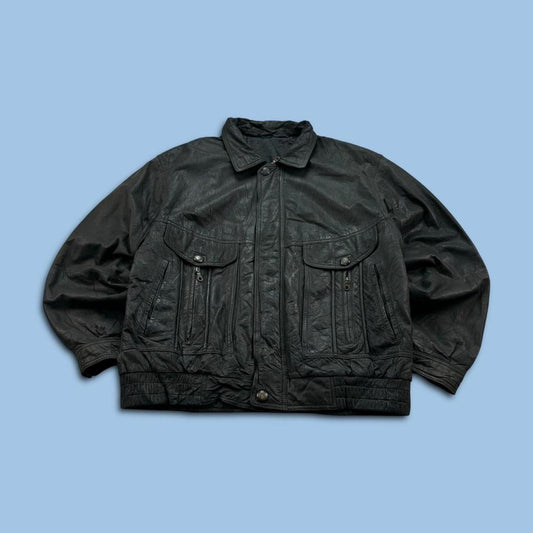 VINTAGE Y2K COMPASS LEATHER UTILITY BOMBER JACKET BLACK