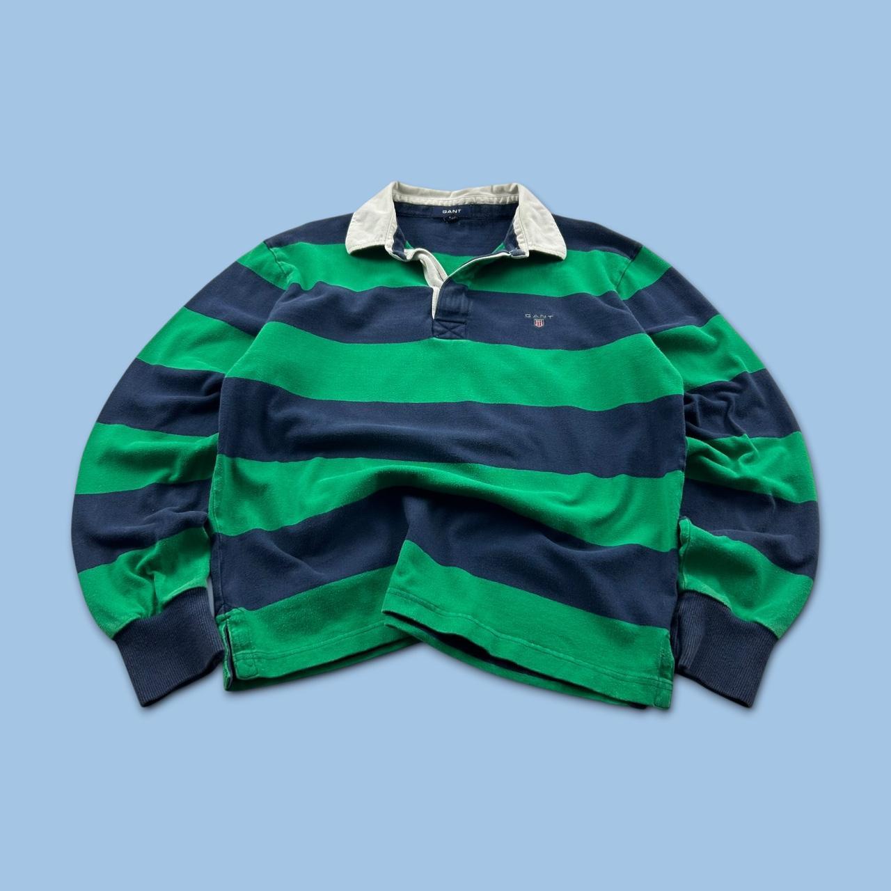 VINTAGE Y2K GANT STRIPED LONG SLEEVE RUGBY POLO SHIRT GREEN NAVY