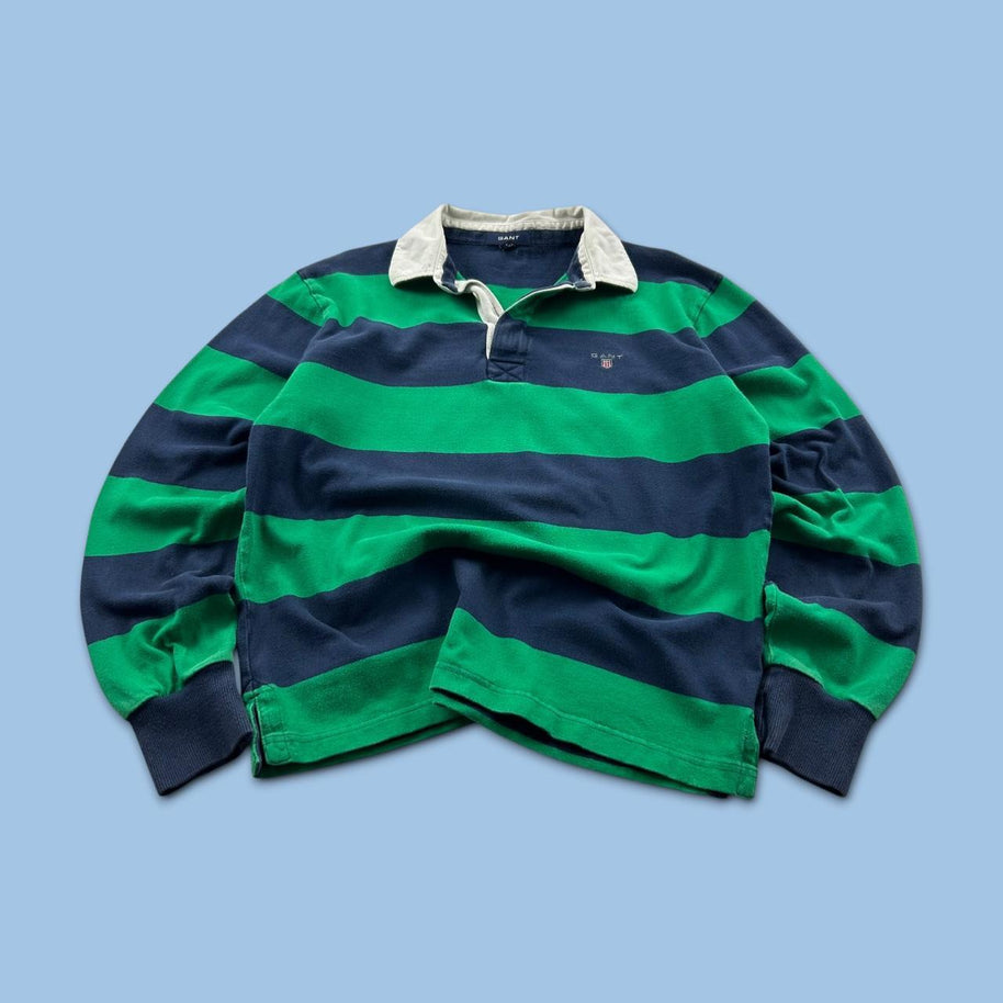 VINTAGE Y2K GANT STRIPED LONG SLEEVE RUGBY POLO SHIRT GREEN NAVY