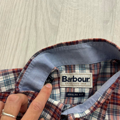 BARBOUR CHECKERED SHORT SLEEVE BUTTON UP SHIRT BURGUNDY / BLUE