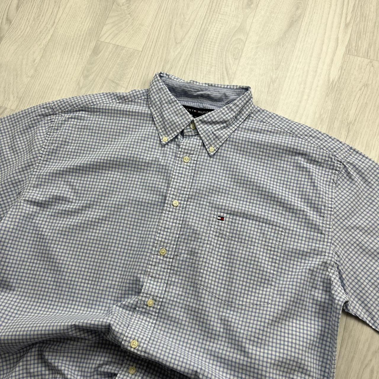 VINTAGE Y2K TOMMY HILFIGER GINGHAM SHORT SLEEVE BUTTON UP SHIRT LIGHT BLUE