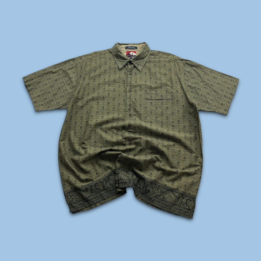 VINTAGE Y2K TOMMY HILFIGER PATTERN SHORT SLEEVE BUTTON UP SHIRT KHAKI