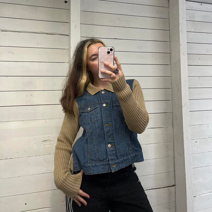 VINTAGE Y2K DENIM RIBBED SLEEVE JACKET BLUE BEIGE (L)
