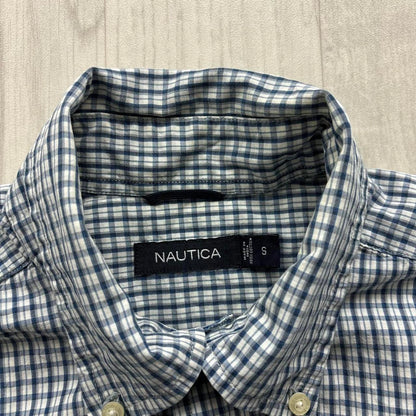 VINTAGE Y2K NAUTICA CHECKERED SHORT SLEEVE BUTTON UP SHIRT NAVY BLUE