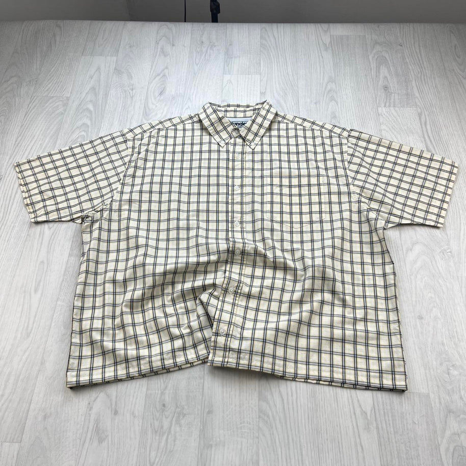 VINTAGE 00s WRANGLER CHECKERED CROPPED SHORT SLEEVE BUTTON UP SHIRT CREAM
