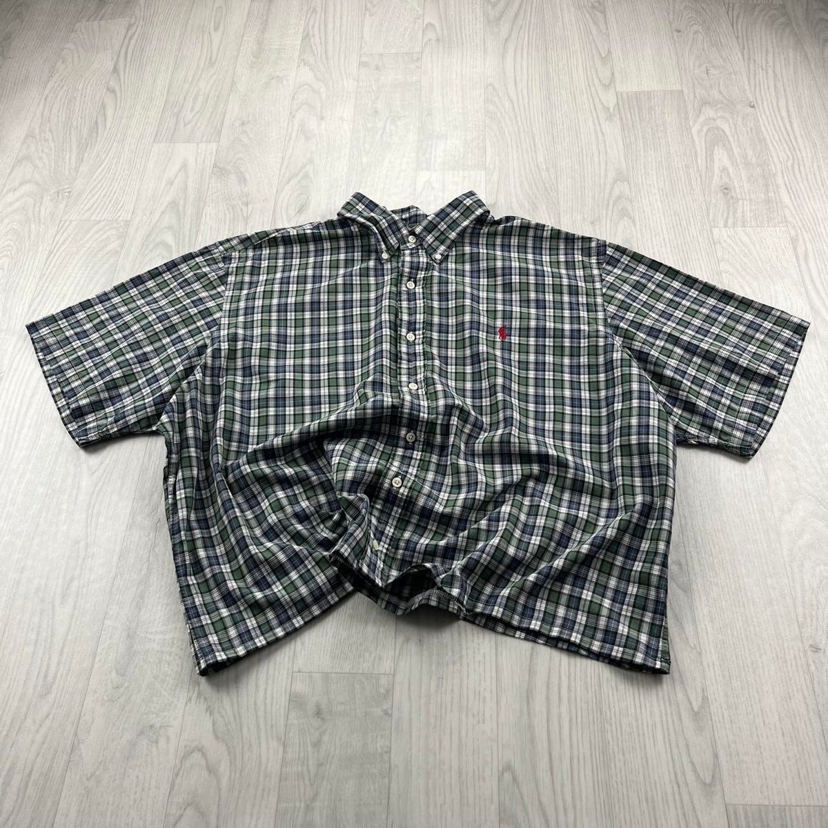 VINTAGE 00s RALPH LAUREN CHECKERED CROPPED SHORT SLEEVE BUTTON UP SHIRT GREEN
