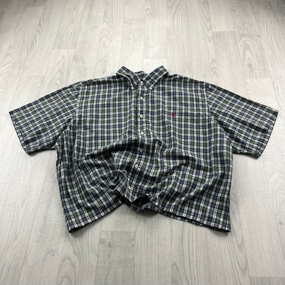 VINTAGE 00s RALPH LAUREN CHECKERED CROPPED SHORT SLEEVE BUTTON UP SHIRT GREEN