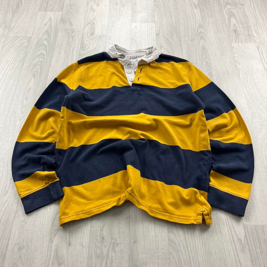 VINTAGE Y2K STRIPED LONG SLEEVE RUGBY POLO SHIRT YELLOW NAVY